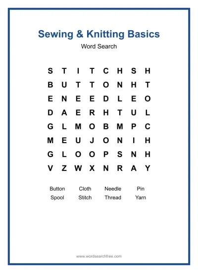 Printable Sewing & Knitting Basics Word Search worksheet