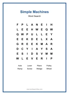 Simple Machines Word Search - Free printable puzzle with 8 words