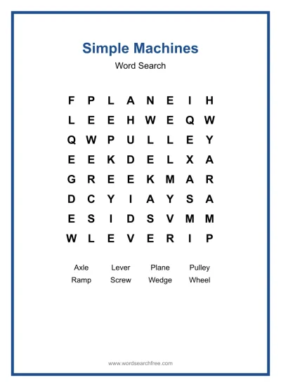 Printable Simple Machines Word Search worksheet