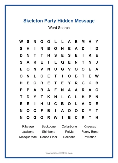 Printable Skeleton Party Hidden Message Word Search worksheet