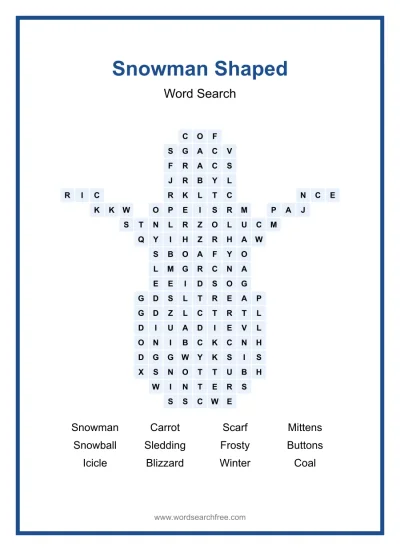 Printable Snowman Shaped Word Search worksheet