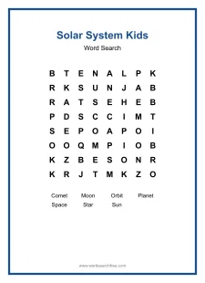 Solar System Kids Word Search - Free printable puzzle with 7 words