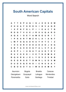 South American Capitals Word Search - Free printable puzzle with 12 words