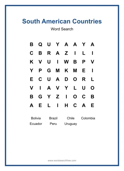 Printable South American Countries Word Search worksheet