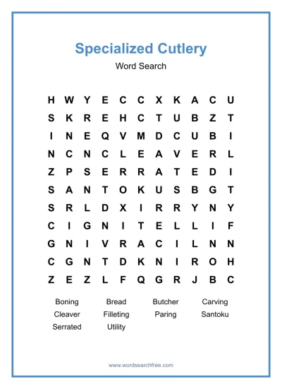 Printable Specialized Cutlery Word Search worksheet