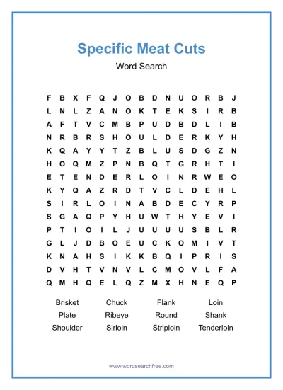 Printable Specific Meat Cuts Word Search worksheet