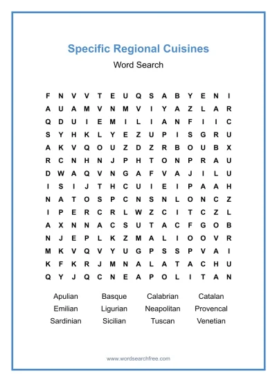 Printable Specific Regional Cuisines Word Search worksheet