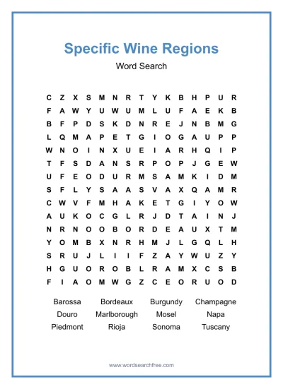 Printable Specific Wine Regions Word Search worksheet