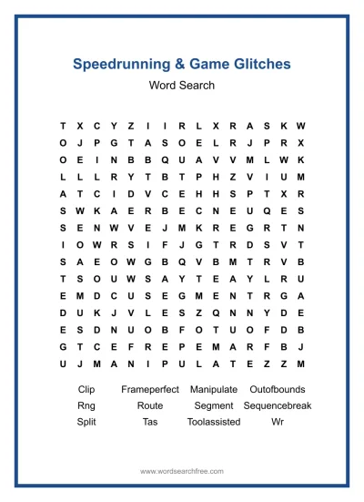 Printable Speedrunning & Game Glitches Word Search worksheet