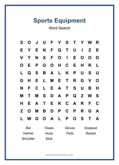 Printable Sports Equipment Word Search worksheet