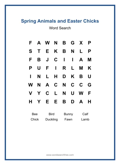 Printable Spring Animals and Easter Chicks Word Search worksheet