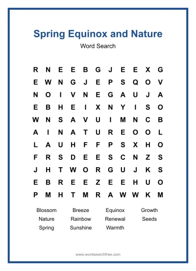 Printable Spring Equinox and Nature Word Search worksheet