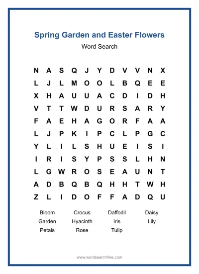 Printable Spring Garden and Easter Flowers Word Search worksheet