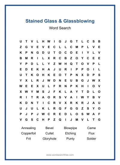 Printable Stained Glass & Glassblowing Word Search worksheet