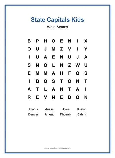 Printable State Capitals Kids Word Search worksheet