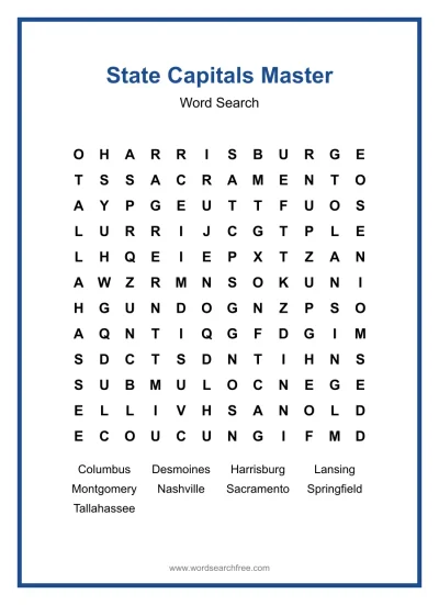 Printable State Capitals Master Word Search worksheet