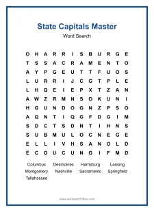 State Capitals Master Word Search - Free printable puzzle with 9 words