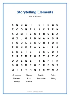 Storytelling Elements Word Search - Free printable puzzle with 10 words