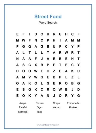 Printable Street Food Word Search worksheet