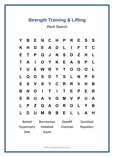 Printable Strength Training & Lifting Word Search worksheet