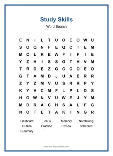 Study Skills Word Search - Free printable puzzle with 9 words