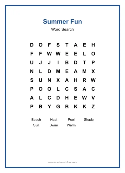 Printable Summer Fun Word Search worksheet
