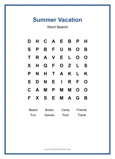 Printable Summer Vacation Word Search worksheet
