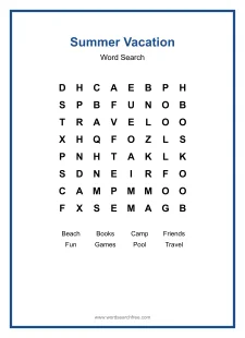 Summer Vacation Word Search - Free printable puzzle with 8 words