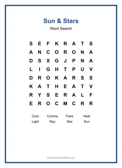 Printable Sun & Stars Word Search worksheet