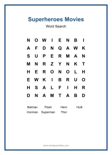 Superheroes Movies - Easy Word Search Puzzle