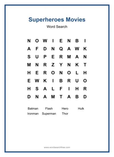 Printable Superheroes Movies Word Search worksheet