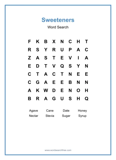 Printable Sweeteners Word Search worksheet