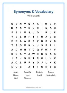 Synonyms & Vocabulary Word Search - Free printable puzzle with 10 words