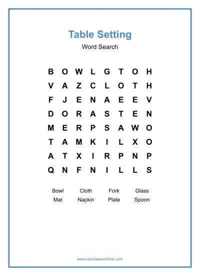 Printable Table Setting Word Search worksheet