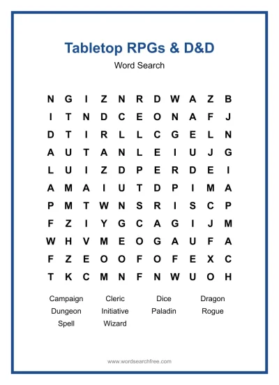 Printable Tabletop RPGs & D&D Word Search worksheet