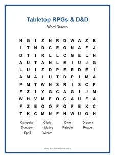 Tabletop RPGs & D&D Word Search - Free printable puzzle with 10 words