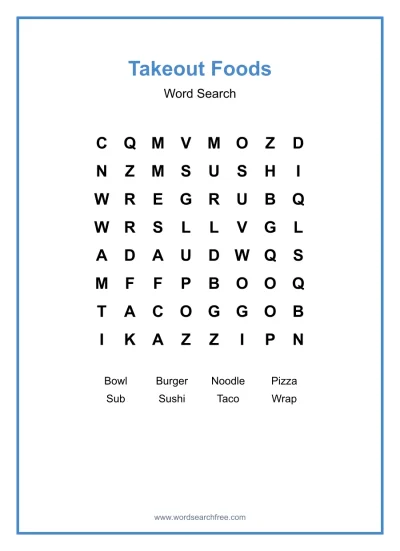 Printable Takeout Foods Word Search worksheet