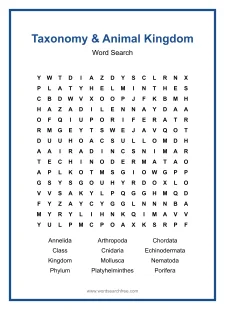 Taxonomy & Animal Kingdom - printable word search worksheet