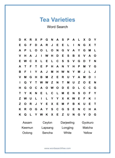 Printable Tea Varieties Word Search worksheet