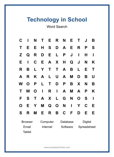 Printable Technology in School Word Search worksheet