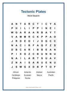 Tectonic Plates Word Search - Free printable puzzle with 10 words