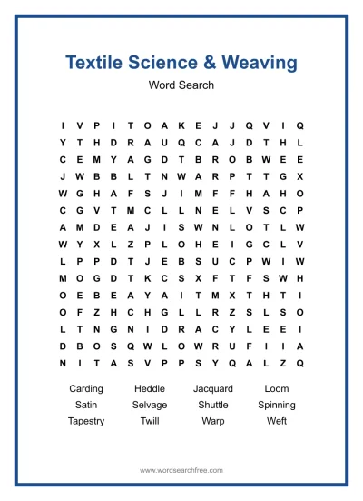 Printable Textile Science & Weaving Word Search worksheet