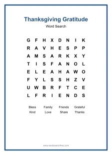 Thanksgiving Gratitude Word Search - Free printable puzzle with 8 words