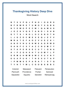 Thanksgiving History Deep Dive Word Search - Free printable puzzle with 12 words
