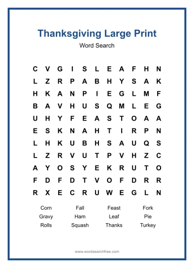 Printable Thanksgiving Large Print Word Search worksheet