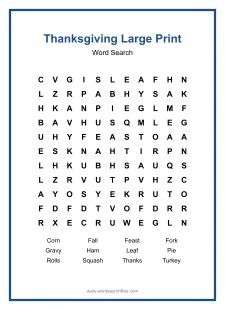 Thanksgiving Large Print - Thanksgiving word search
