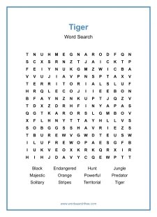 Tiger Word Search - Free printable puzzle with 12 words