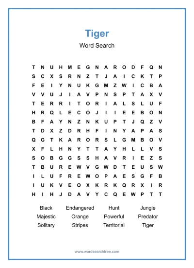 Printable Tiger Word Search worksheet