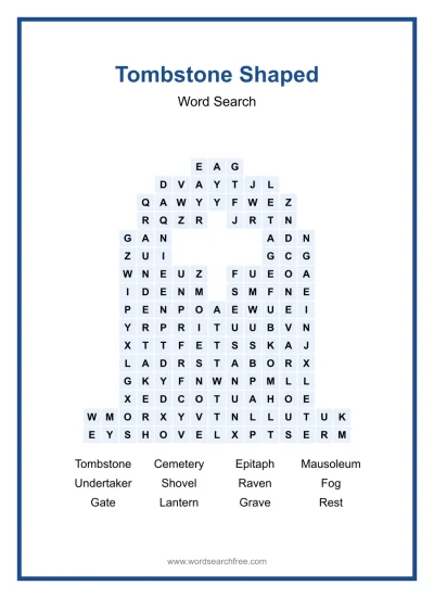 Printable Tombstone Shaped Word Search worksheet