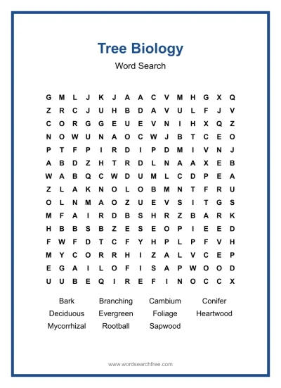 Printable Tree Biology Word Search worksheet